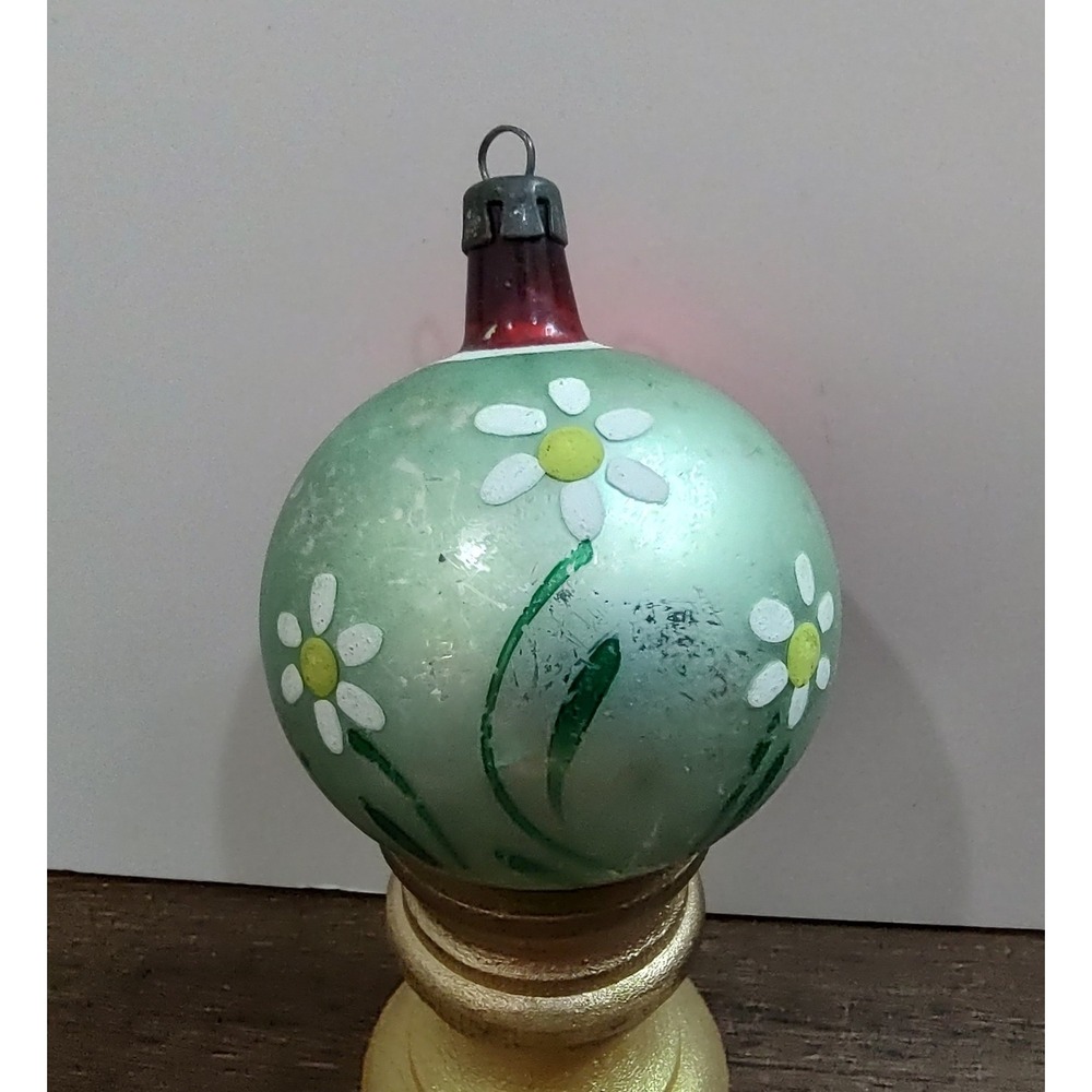 Handpainted Flowers Glass Ball Christmas Ornament Mercury Glass Vintage A11